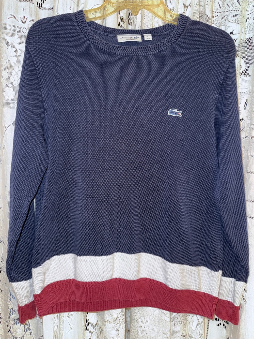 Lacoste Navy Sweater with White and Red Hem